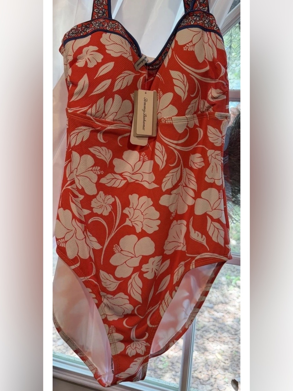 Tommy Bahama Women 16 Orange/White Floral Lined Halter One Piece Boho Beach NWT